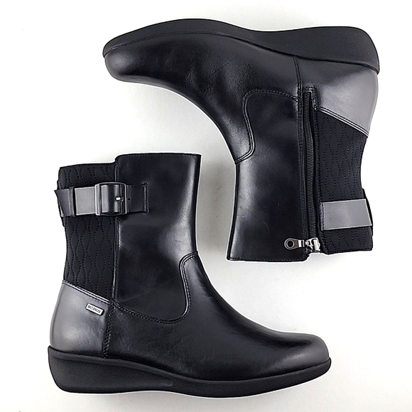 Aravon Women's Black Waterproof Leather Short Wedge Boots Buckle Strap Size 11 - Picture 2 of 16